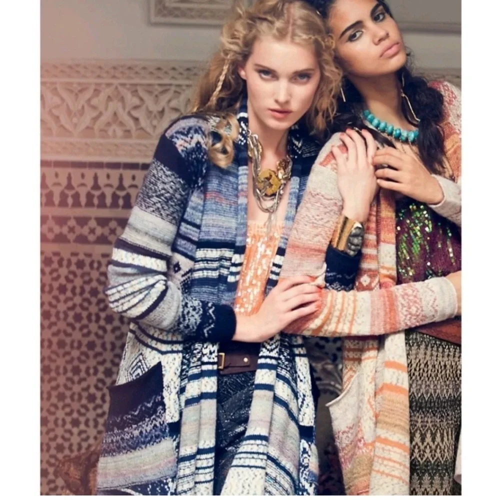 Free People Yesterdays Smile Aztec Blue Black Waterfall Cardigan Sweater | M - Picture 2 of 6
